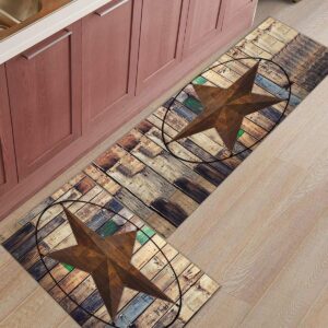 T&H XHome Anti Slippery Kitchen Mat Sets 2 Pieces-Western Texas Star Rustice Wood,Decor Modern Style Kitchen Rugs for Indoor Entrance 19.7x31.5IN+19.7x47.2IN