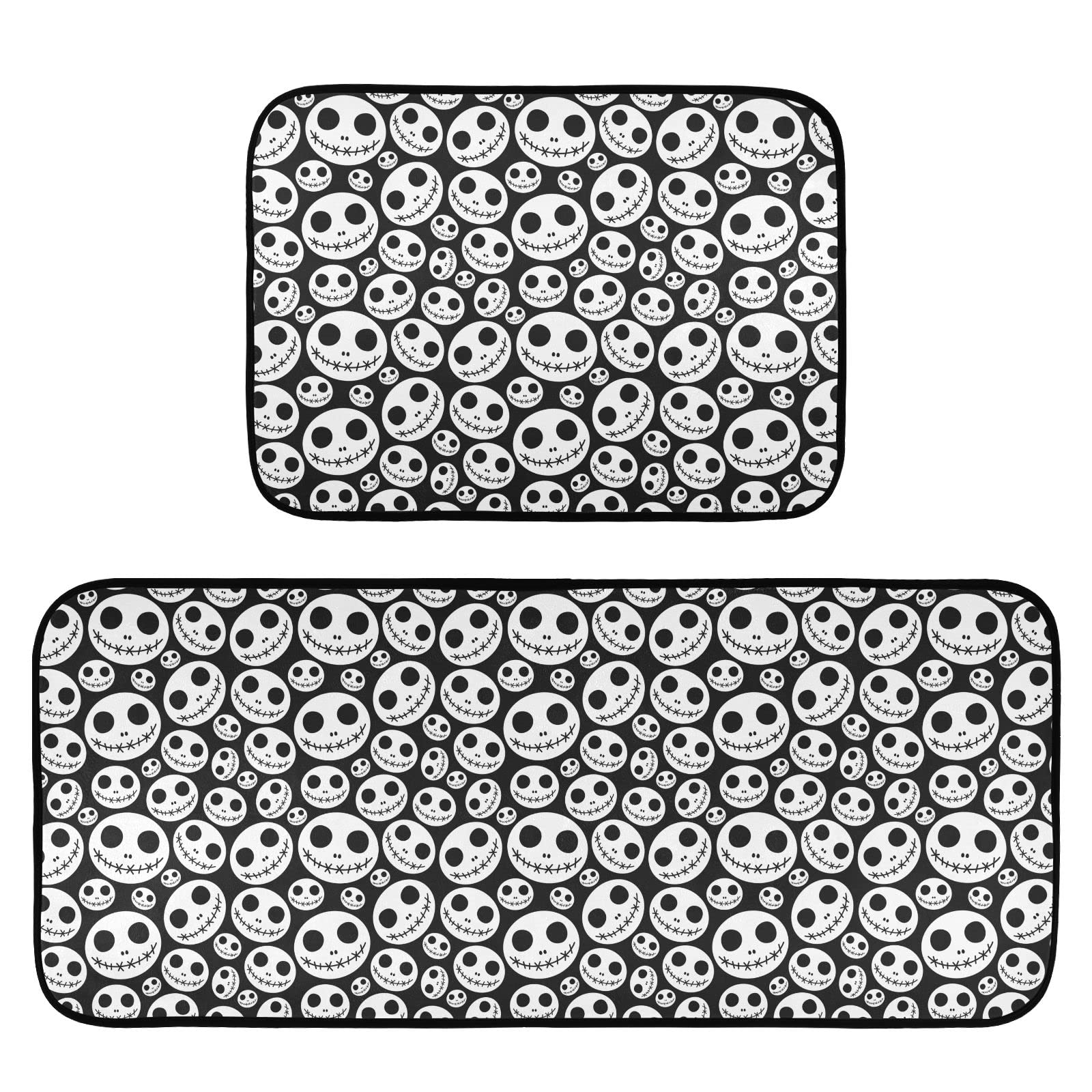 JIPONI Halloween Zombie Skeleton Skull Kitchen Rugs Set of 2 Pieces, Non Slip Cushioned Anti Fatigue Mats for Kitchen Floor, 19.7"X27.6"+19.7"X47.2" Heavy Duty Comfort Standing Mats