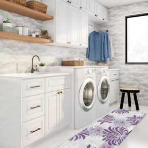 flower chrysanthemum purple laundry room decor rug runner, anti-fatigue kitchen rugs, waterproof & non slip room accessories for floor, under the washer & dryer durable mat 18x47.2in