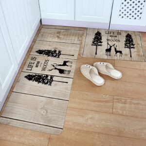 kitchen rugs sets 2 pces, christmas life is better in the woods elk deer trees silhouettes rustic old wooden floor mats non skid door rugs runner rug for kitchen, bathroom, living room, laundries