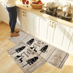 Kitchen Rugs Sets 2 Pces, Christmas Life is Better in The Woods Elk Deer Trees Silhouettes Rustic Old Wooden Floor Mats Non Skid Door Rugs Runner Rug for Kitchen, Bathroom, Living Room, Laundries