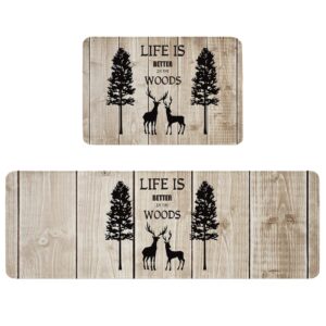 Kitchen Rugs Sets 2 Pces, Christmas Life is Better in The Woods Elk Deer Trees Silhouettes Rustic Old Wooden Floor Mats Non Skid Door Rugs Runner Rug for Kitchen, Bathroom, Living Room, Laundries