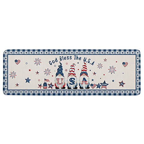 Cushioned AntiFatigue Kitchen Mats and Rugs,4th-of-July Gnomes Absorbent Floor Bath Door Mat,Doormat Accent Runner Carpet Washable Indoor Comfort Standing Mat Independence Day Red Blue Stars Burlap