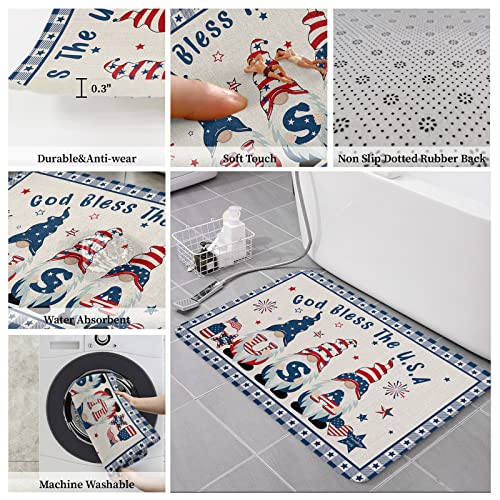 Cushioned AntiFatigue Kitchen Mats and Rugs,4th-of-July Gnomes Absorbent Floor Bath Door Mat,Doormat Accent Runner Carpet Washable Indoor Comfort Standing Mat Independence Day Red Blue Stars Burlap