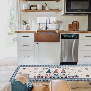 Cushioned AntiFatigue Kitchen Mats and Rugs,4th-of-July Gnomes Absorbent Floor Bath Door Mat,Doormat Accent Runner Carpet Washable Indoor Comfort Standing Mat Independence Day Red Blue Stars Burlap