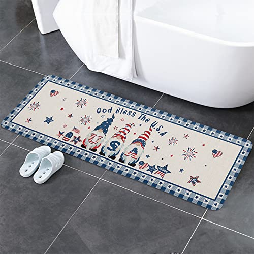Cushioned AntiFatigue Kitchen Mats and Rugs,4th-of-July Gnomes Absorbent Floor Bath Door Mat,Doormat Accent Runner Carpet Washable Indoor Comfort Standing Mat Independence Day Red Blue Stars Burlap