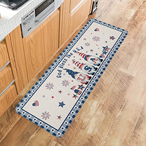 Cushioned AntiFatigue Kitchen Mats and Rugs,4th-of-July Gnomes Absorbent Floor Bath Door Mat,Doormat Accent Runner Carpet Washable Indoor Comfort Standing Mat Independence Day Red Blue Stars Burlap