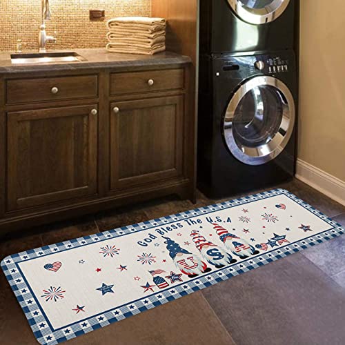 Cushioned AntiFatigue Kitchen Mats and Rugs,4th-of-July Gnomes Absorbent Floor Bath Door Mat,Doormat Accent Runner Carpet Washable Indoor Comfort Standing Mat Independence Day Red Blue Stars Burlap