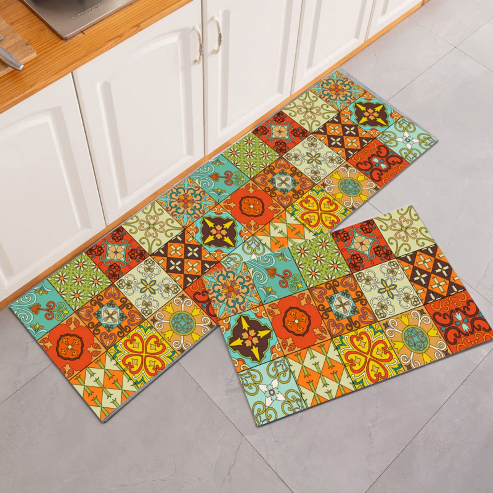 XIQIHEYUE Crystal Velvet Kitchen Rug Set, Anti-Fatigue Microfiber Comfort Runner, Non-Slip Waterproof Machine Washable Standing Mat, for Kitchen, Home, Laundry (2 Pieces)(15"×23"+15"×47", Bohemian B)