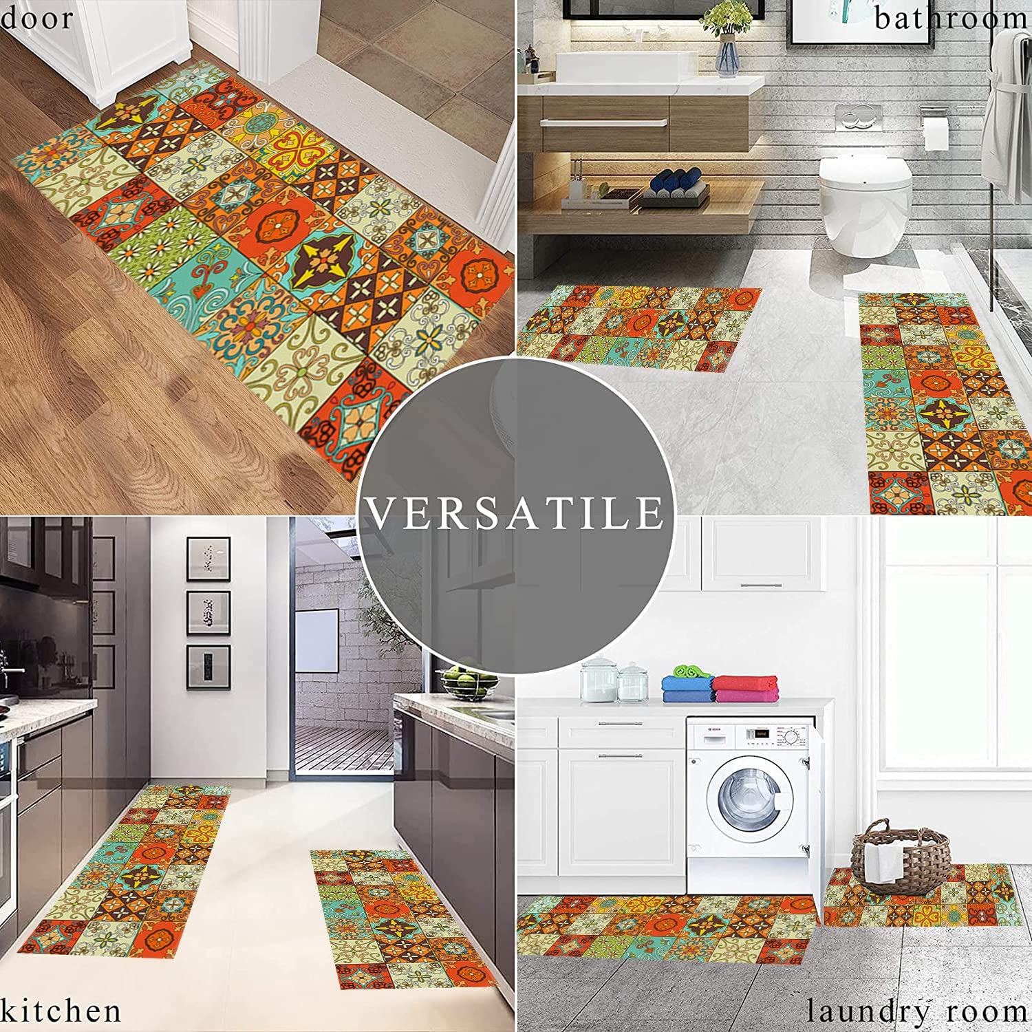 XIQIHEYUE Crystal Velvet Kitchen Rug Set, Anti-Fatigue Microfiber Comfort Runner, Non-Slip Waterproof Machine Washable Standing Mat, for Kitchen, Home, Laundry (2 Pieces)(15"×23"+15"×47", Bohemian B)