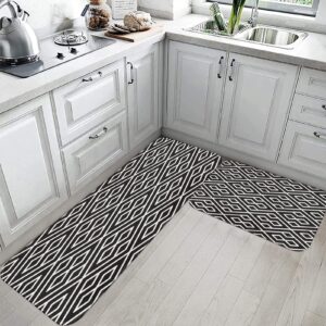 tayney black geometric kitchen rugs and mats non skid washable set of 2, grid diamond kitchen runner rug, modern abstract under sink mats for kitchen floor decor