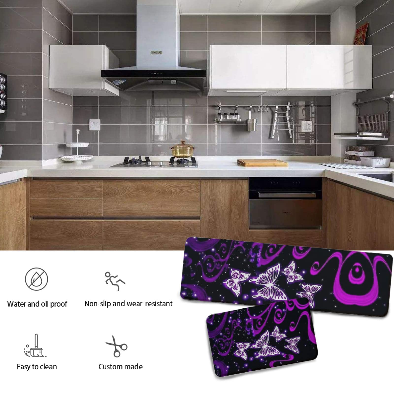 YouTary Purple Butterfly Geography Kitchen Rug Set 2 PCS Floor Mats Washable Non-Slip Soft Flannel Runner Rug Doormat Carpet for Kitchen Bathroom Laundry