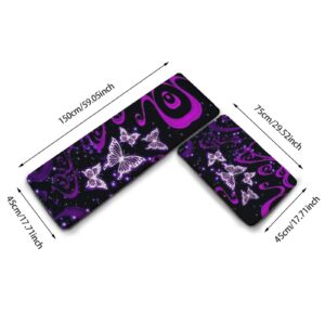 YouTary Purple Butterfly Geography Kitchen Rug Set 2 PCS Floor Mats Washable Non-Slip Soft Flannel Runner Rug Doormat Carpet for Kitchen Bathroom Laundry