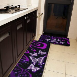 YouTary Purple Butterfly Geography Kitchen Rug Set 2 PCS Floor Mats Washable Non-Slip Soft Flannel Runner Rug Doormat Carpet for Kitchen Bathroom Laundry