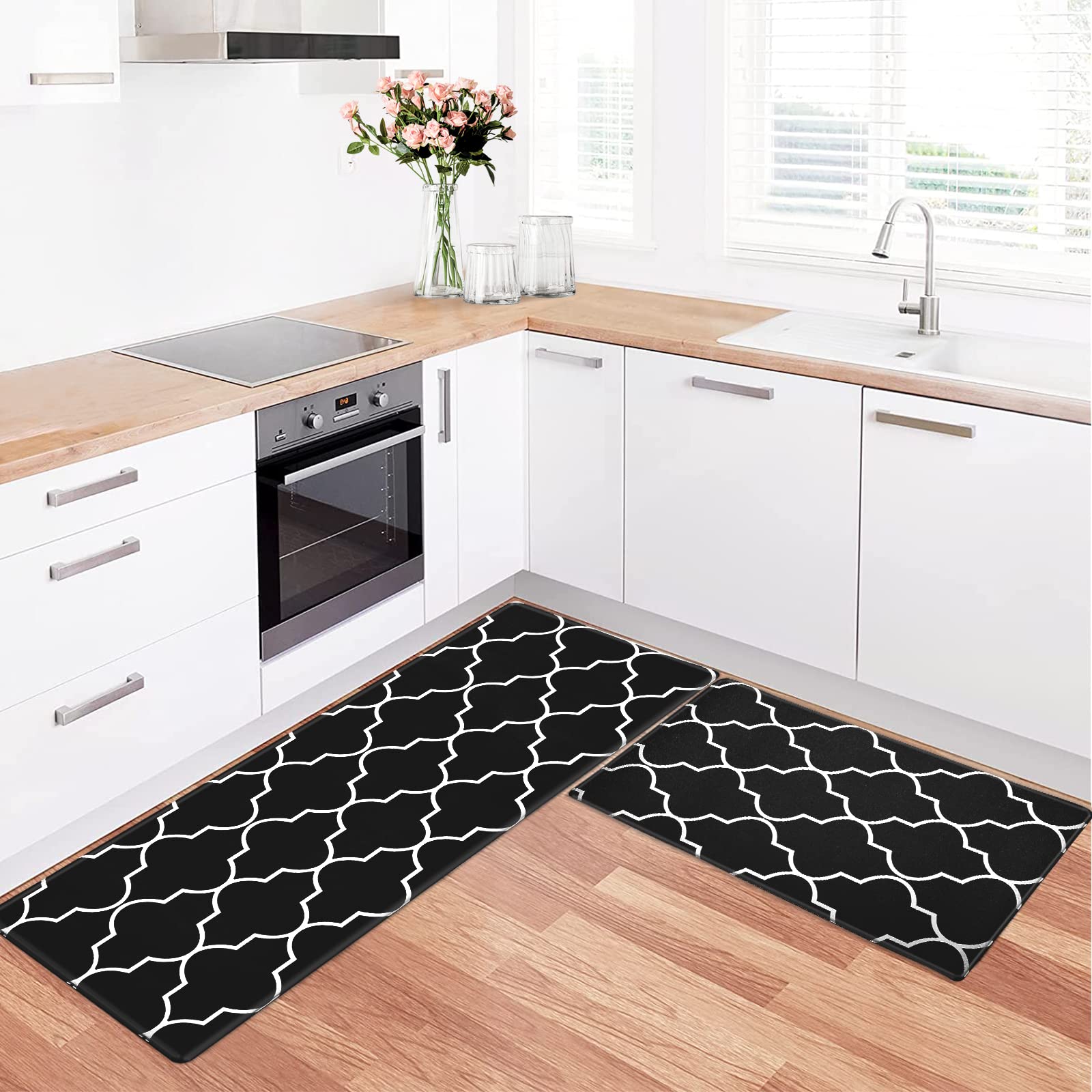 2Pcs Kitchen Rugs Mats, Non-Slip Waterproof Kitchen Rug Oil-Proof Floor Mat Leather PVC Scrub The Doormat for Living Room, Bedroom, Kitchen