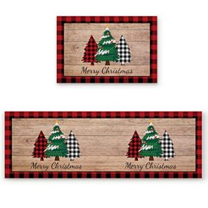 arts print kitchen rug mat set of 2,merry christmas buffalo plaid pine tree wooden board runner rug,non-slip durable kitchen floor mat for sink,15.7x23.6inch+15.7x47.2inch