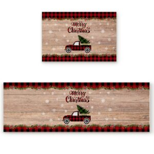 arts print kitchen rug mat set of 2,christmas black and red buffalo plaid truck with tree runner rug,non-slip durable floor for sink, 20211021-lzp-matsetslxm10360mddavhn, 15.7x23.6in+15.7x47.2in