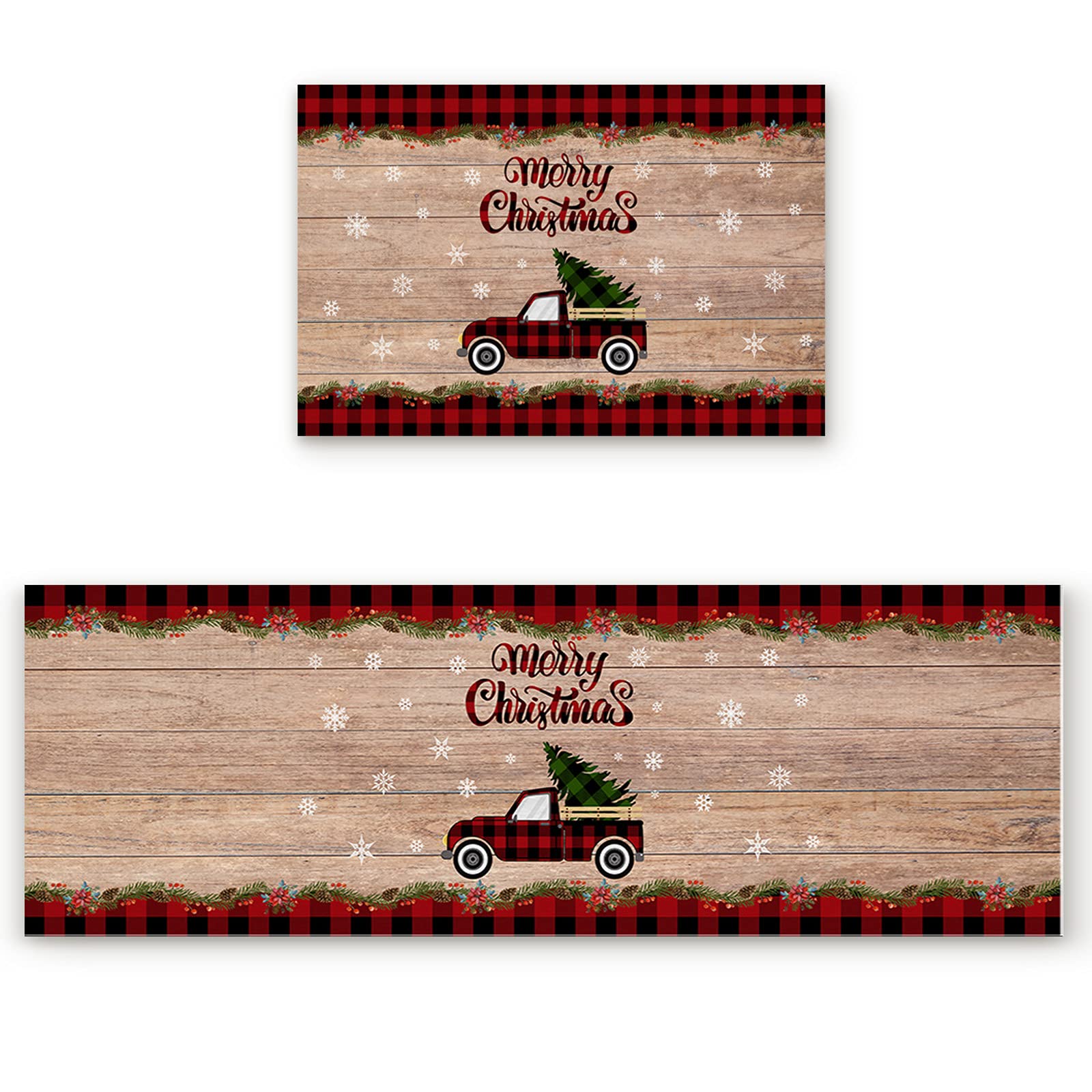 Arts Print Kitchen Rug Mat Set of 2,Christmas Black and Red Buffalo Plaid Truck with Tree Runner Rug,Non-Slip Durable Floor for Sink, 20211021-LZP-MATSETSLXM10360MDDAVHN, 15.7X23.6in+15.7X47.2in