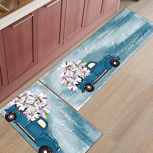 Kitchen Rugs and Mats Set Non-Slip Cushioned Anti-Fatigue Mat Machine Washable 2 Pieces Rug Set Kitchen Mats, Live Simply Laugh often Love Deeply Blue Truck Carrying Magnolia 15.7"x23.6"+15.7"x47"