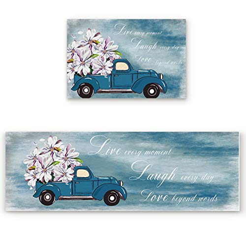 Kitchen Rugs and Mats Set Non-Slip Cushioned Anti-Fatigue Mat Machine Washable 2 Pieces Rug Set Kitchen Mats, Live Simply Laugh often Love Deeply Blue Truck Carrying Magnolia 15.7"x23.6"+15.7"x47"