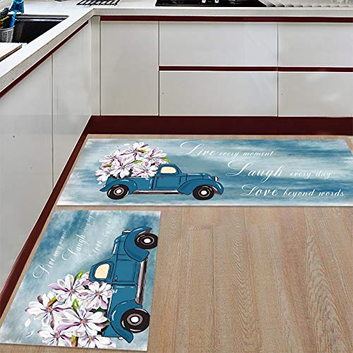 Kitchen Rugs and Mats Set Non-Slip Cushioned Anti-Fatigue Mat Machine Washable 2 Pieces Rug Set Kitchen Mats, Live Simply Laugh often Love Deeply Blue Truck Carrying Magnolia 15.7"x23.6"+15.7"x47"