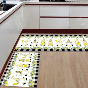 kitchen mat and rugs set of 2, farm fresh lemon gnomes buffalo plaid border, durable comfort standing kitchen rugs, non-slip home decor carpet for floor, 20x24inch+20x48inch