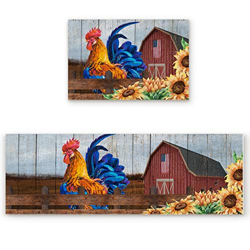 Z&L Home Farm Rooster Sunflower and Barn Kitchen Rug Sets 2 Piece Floor Mat Non-Slip Rubber Backing Area Runners Door Mats, Vintage Wood Texture Back Indoor Washable Carpet