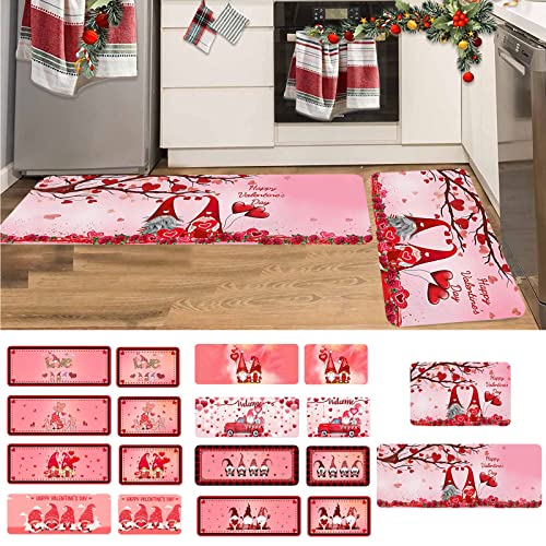ROTORS Valentine's Day Pink Love and Gnomes Kitchen Rug Set 2 Piece, Cushioned Anti-Fatigue Kitchen Floor Mats Waterproof Easy to Clean, Comfort Standing Kitchen Mat Set with Non-Slip Latex