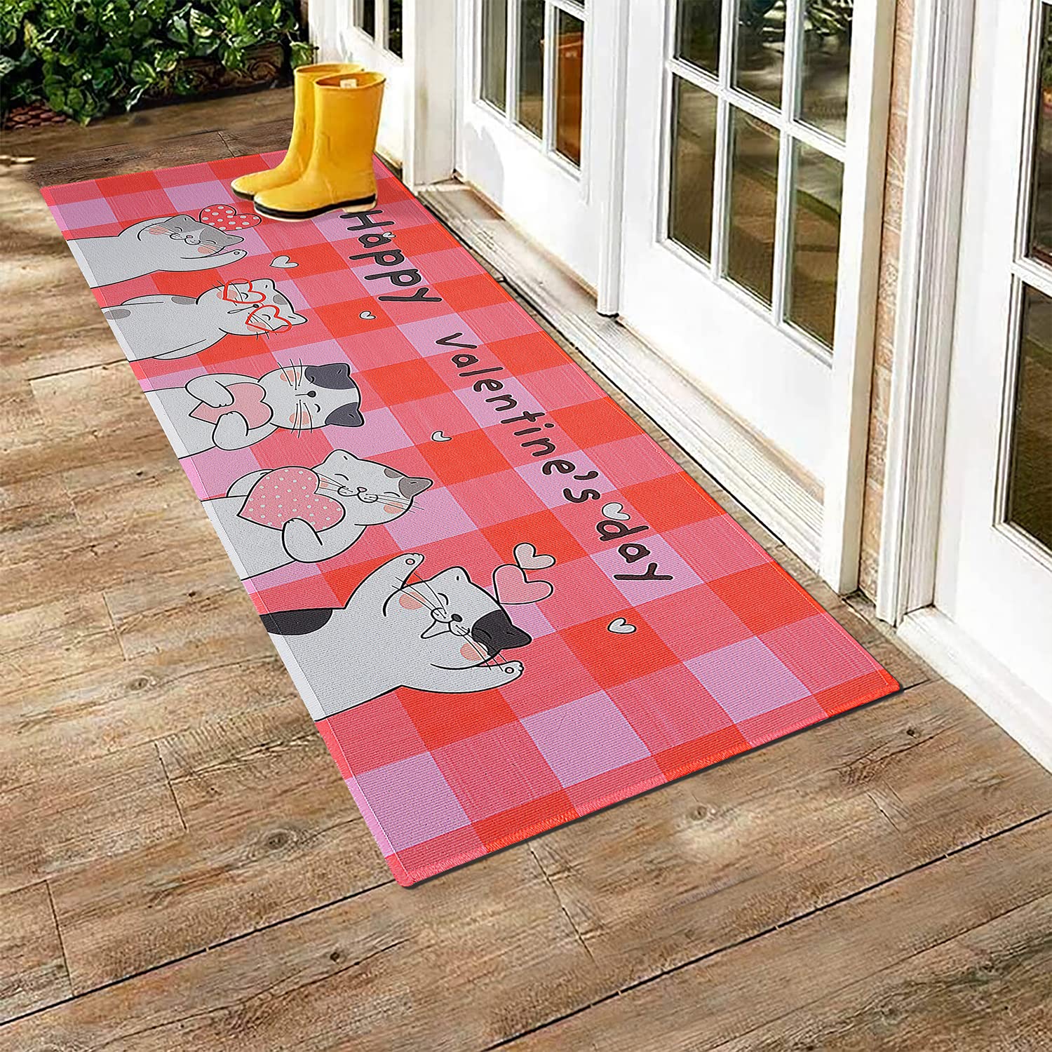 Invuni Multifunctional Long Strip Cat Love Rugs Valentine's Day Non-Slip Backed Mat Cat Love Doormat, Pink Kitchen Mats Set of 2 (17" X 47"+17" X 30")