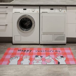 Invuni Multifunctional Long Strip Cat Love Rugs Valentine's Day Non-Slip Backed Mat Cat Love Doormat, Pink Kitchen Mats Set of 2 (17" X 47"+17" X 30")