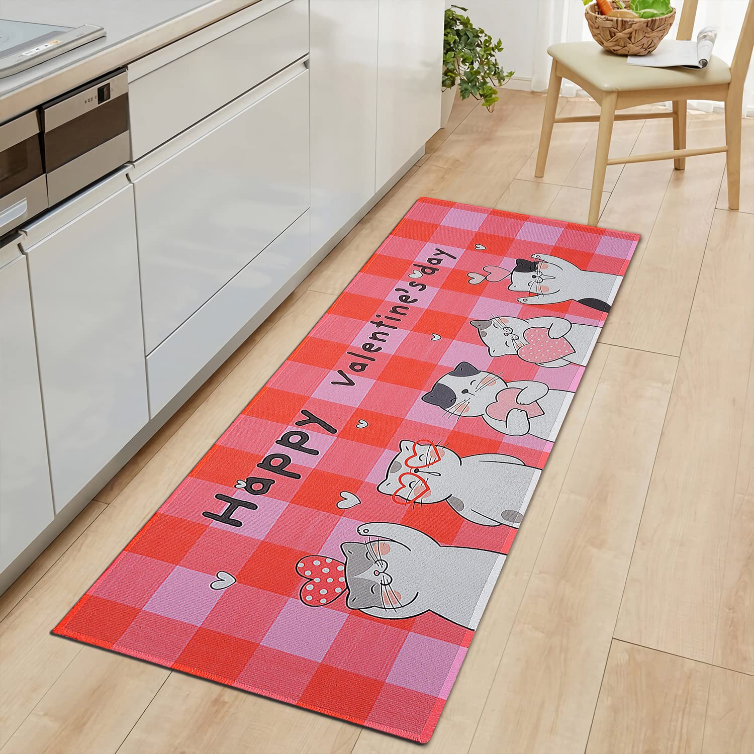 Invuni Multifunctional Long Strip Cat Love Rugs Valentine's Day Non-Slip Backed Mat Cat Love Doormat, Pink Kitchen Mats Set of 2 (17" X 47"+17" X 30")