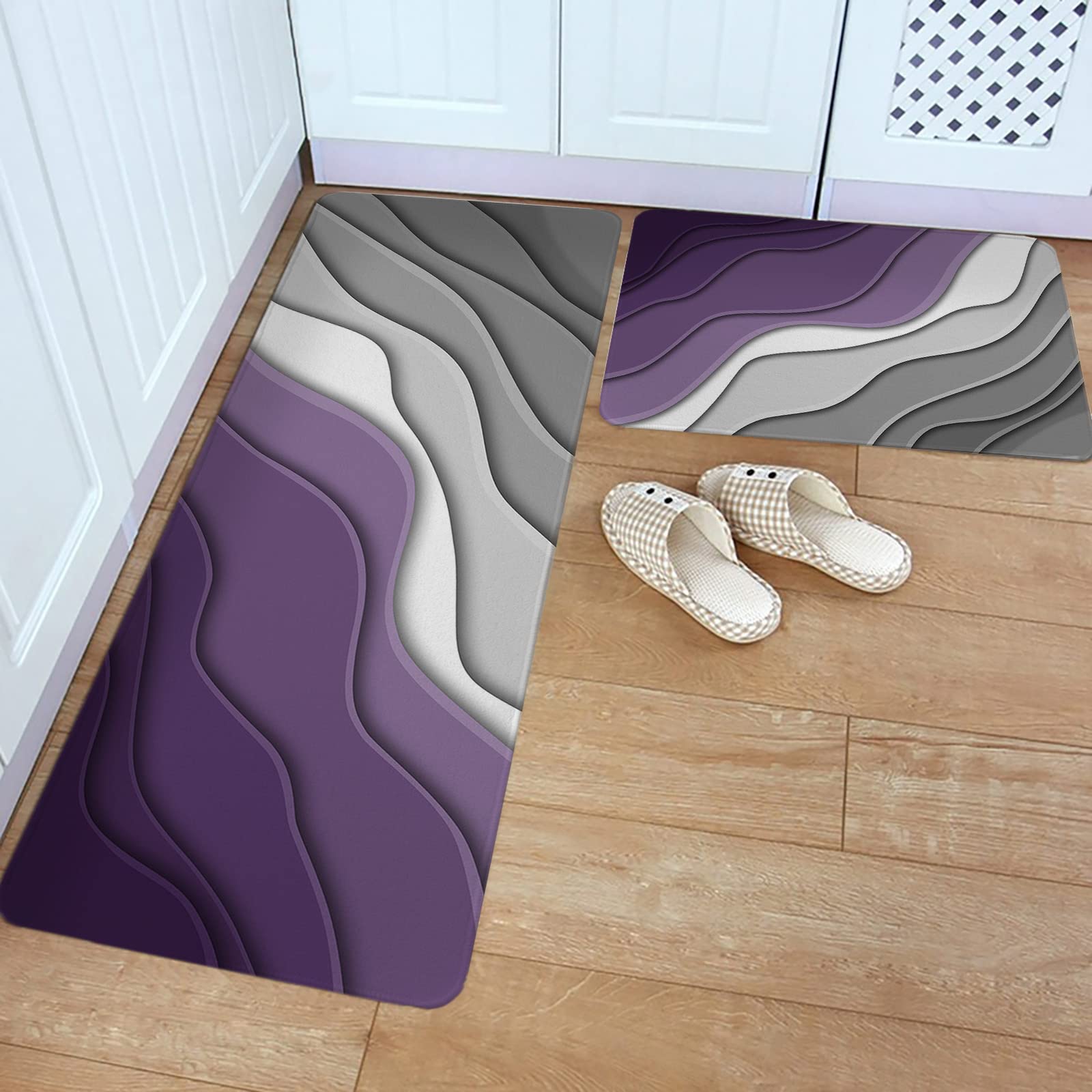 Geometric Purple Gray Ombre Kitchen Rugs and Mats 2 Pieces Set, Modern Abstract Art Non Slip Floor Mat for Sink Laundry, Cushioned Anti-Fatigue Comfort Mat for Kitchen (16"x24"+16"x47")