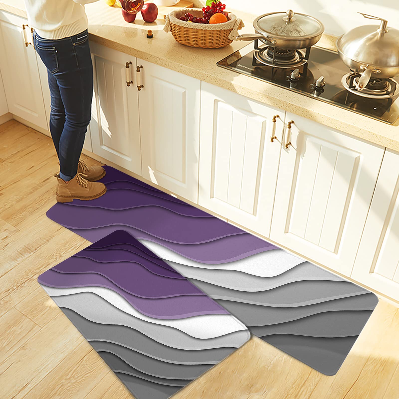 Geometric Purple Gray Ombre Kitchen Rugs and Mats 2 Pieces Set, Modern Abstract Art Non Slip Floor Mat for Sink Laundry, Cushioned Anti-Fatigue Comfort Mat for Kitchen (16"x24"+16"x47")