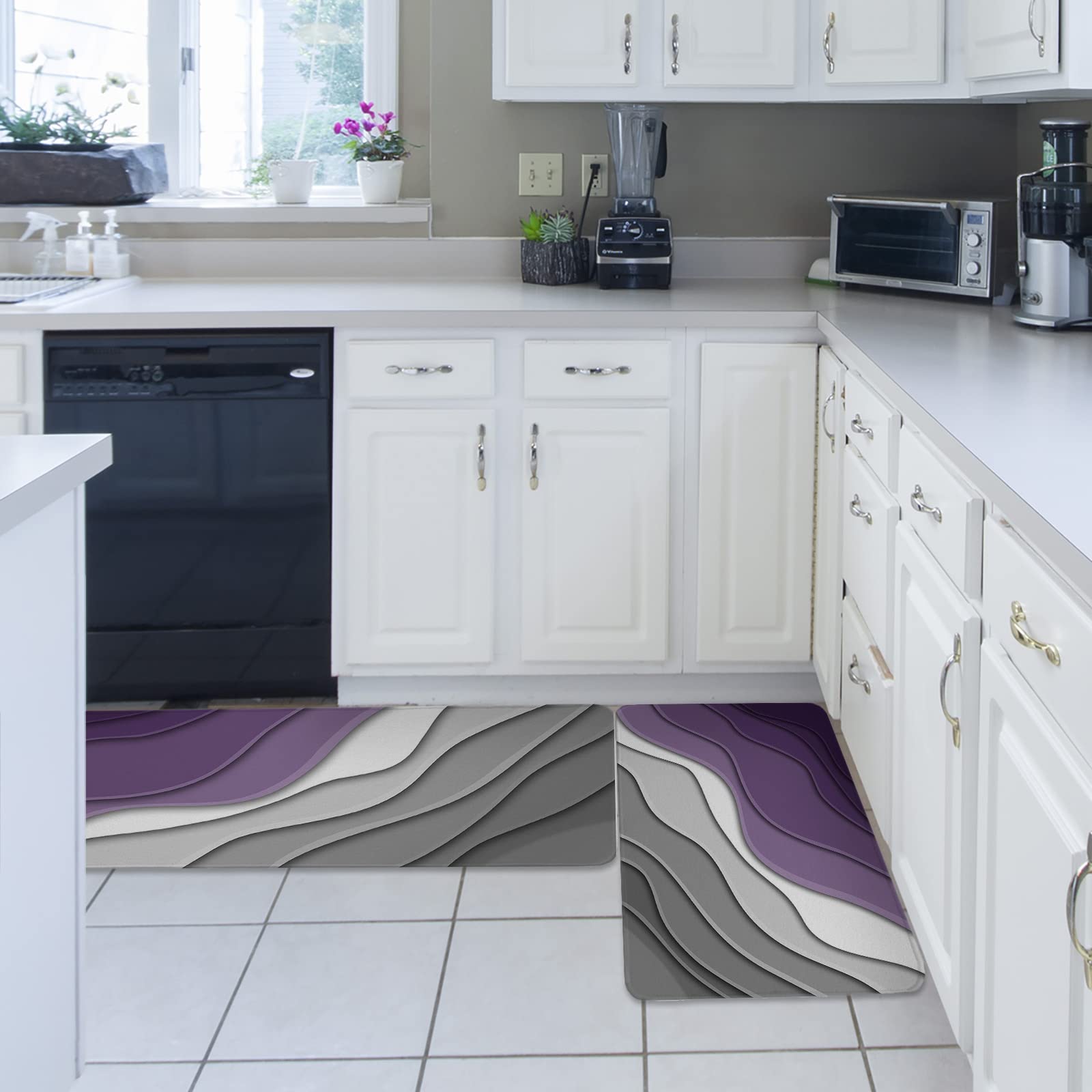 Geometric Purple Gray Ombre Kitchen Rugs and Mats 2 Pieces Set, Modern Abstract Art Non Slip Floor Mat for Sink Laundry, Cushioned Anti-Fatigue Comfort Mat for Kitchen (16"x24"+16"x47")