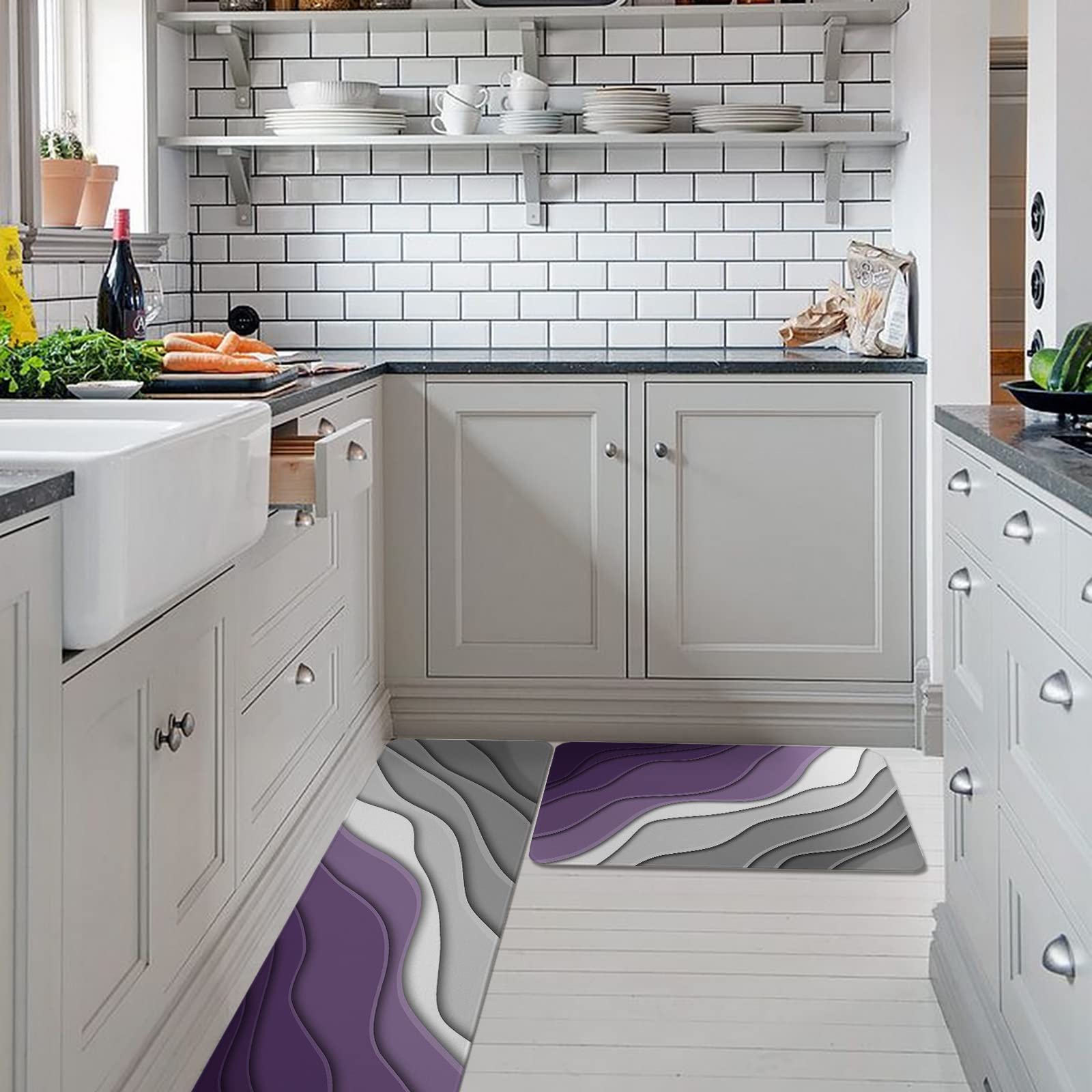 Geometric Purple Gray Ombre Kitchen Rugs and Mats 2 Pieces Set, Modern Abstract Art Non Slip Floor Mat for Sink Laundry, Cushioned Anti-Fatigue Comfort Mat for Kitchen (16"x24"+16"x47")