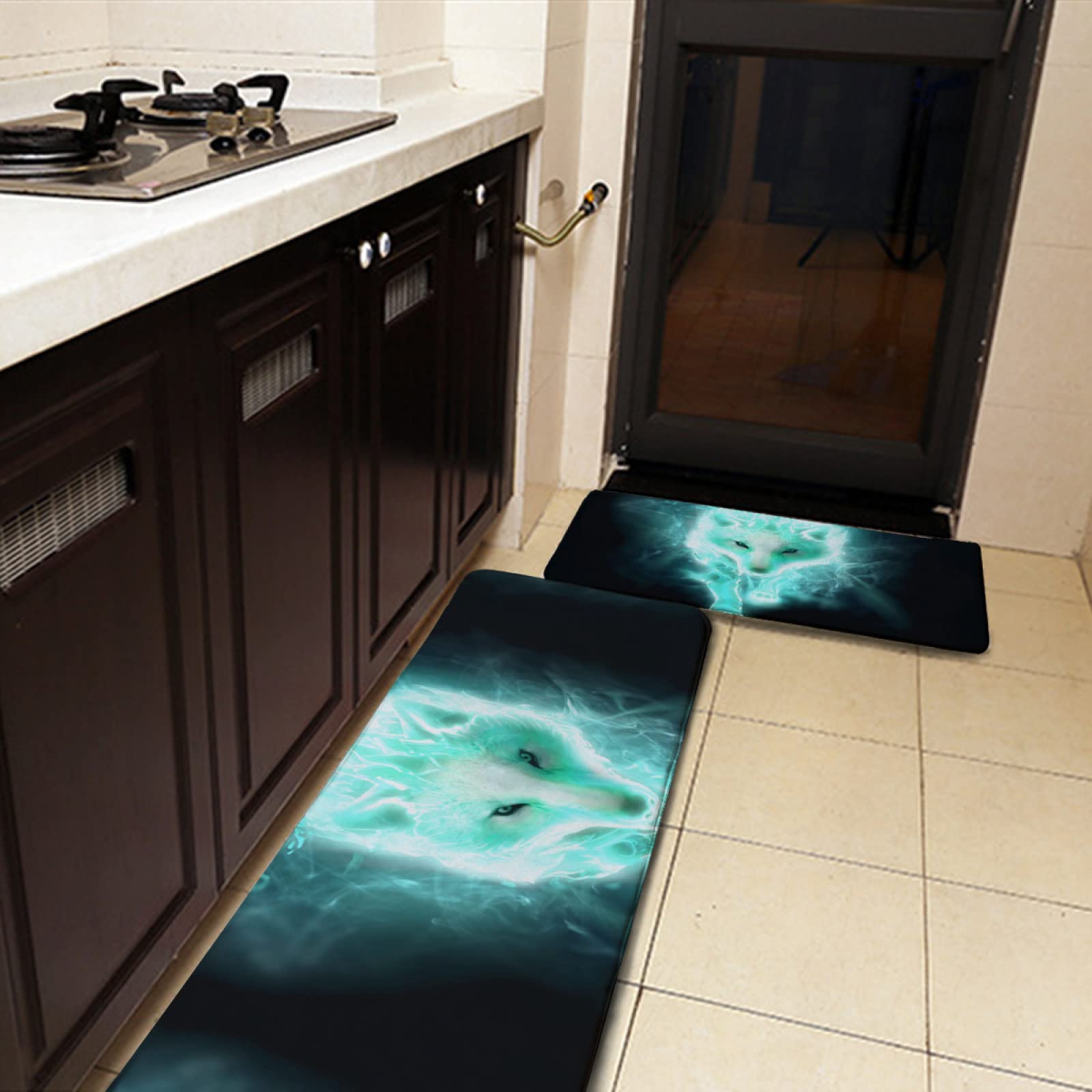 YouTary Cool Cyan Walking Wolf Pattern Kitchen Rug Set 2 PCS Floor Mats Washable Non-Slip Soft Flannel Runner Rug Doormat Carpet for Floor Home Bathroom, 17" x 47"+17" x 24"-M