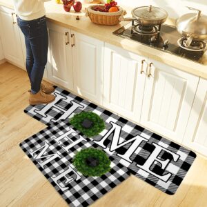 Home Wreath Black and White Buffalo Checkered Kitchen Rug 2 PCS Non-Slip Soft Absorbent Standing Mats for Kitchen Bathroom Living Room Laundry Room Runner Rug Set 18x30+18x59