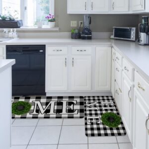 Home Wreath Black and White Buffalo Checkered Kitchen Rug 2 PCS Non-Slip Soft Absorbent Standing Mats for Kitchen Bathroom Living Room Laundry Room Runner Rug Set 18x30+18x59