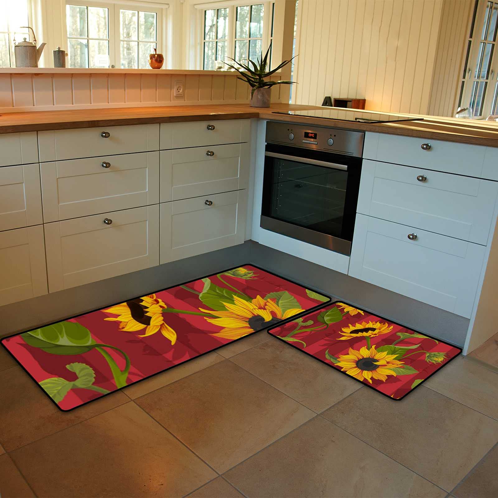 Kitchen Rug Sets 2 Piece Anti Fatigue Kitchen Mat Sunflowers Red Stripe Floor Runner Carpet Dining Room Washable Non Slip Home Sink Laundry Farmhouse Doormat 17"x58" +17"x29"