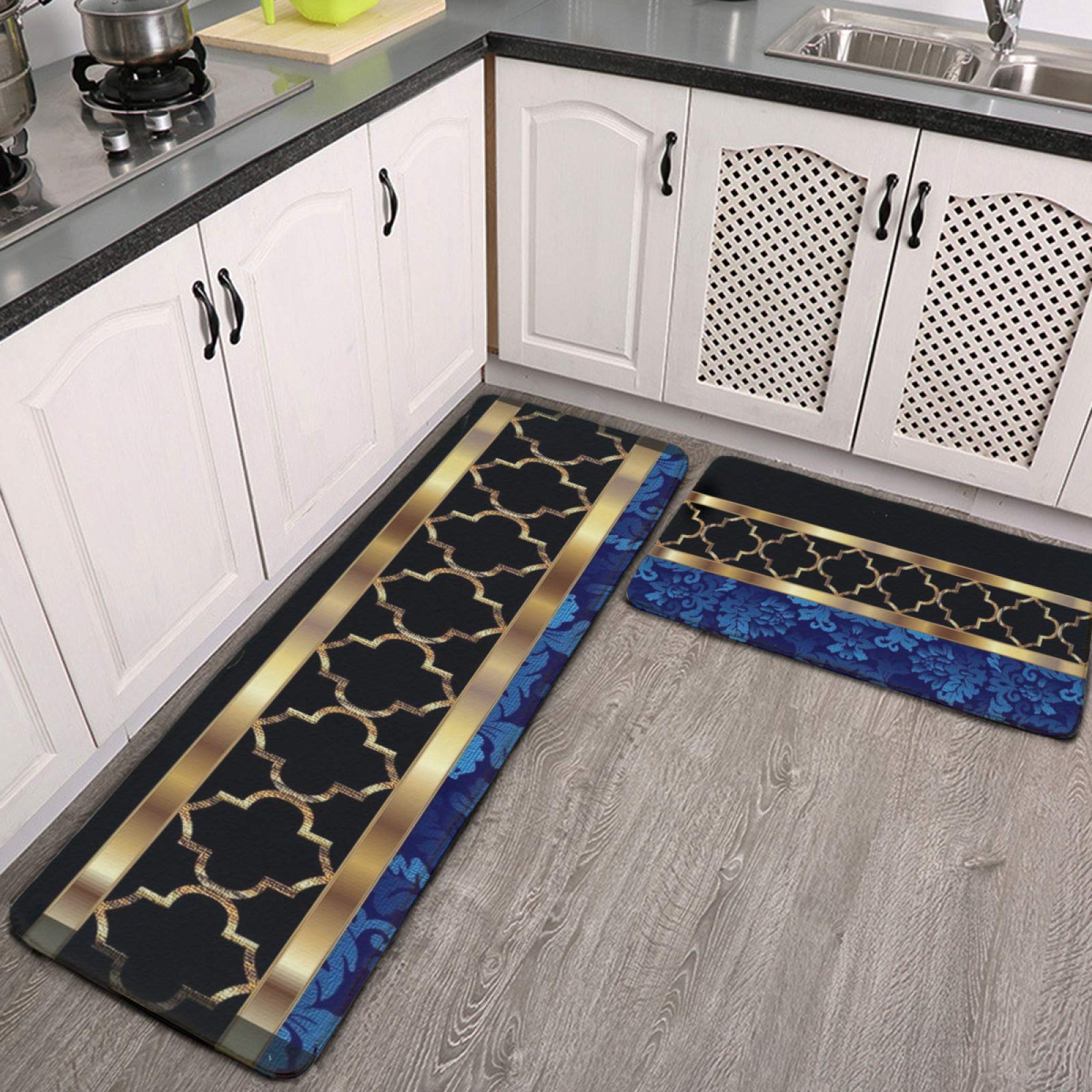 Becmd 2 Pieces Kitchen Rugs and Mat,Elegant Blue Black & Gold Quatrefoil Pattern Non-Slip Kitchen Floor Mat Soft Bath Rug Doormat Carpet Set Blue,gold onesize