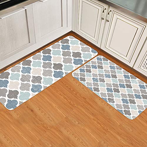 Geometric Quatrefoil Kitchen Rugs and Mats Non Skid Washable Cushioned Kitchen Mat Anti Fatigue Mat Kitchen Set of 2 Waterproof Teal Gray Turquoise Blue Vintage Farmhouse Moroccan Tile Pattern