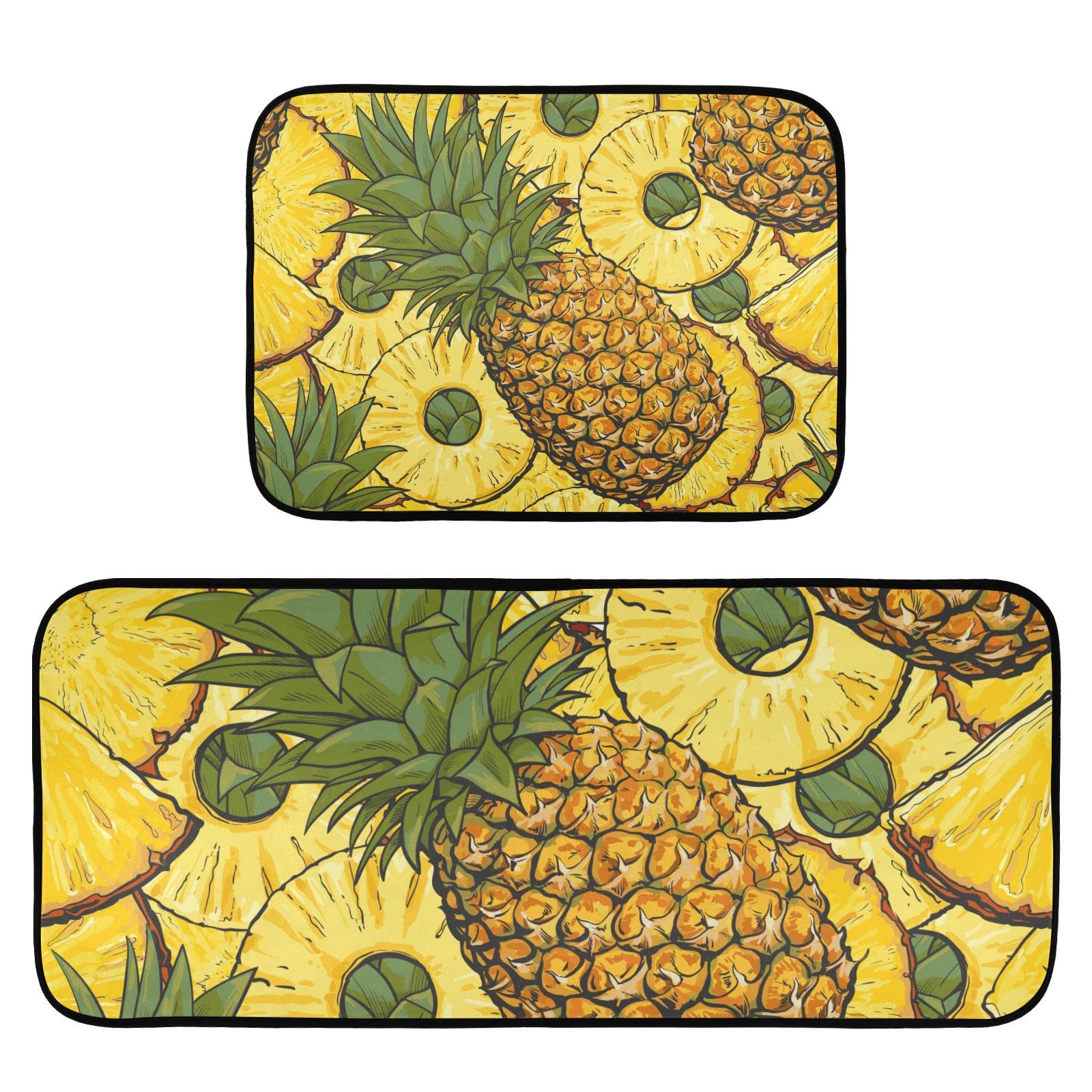 BOENLE Kitchen Rugs and Mats Non Skid Washable Kitchen Rug Set 2 Piece Tropical Pineapple Exotic Fruits Carpet Ergonomic Comfort Standing Mat for Kitchen,Bathroom, Laundry