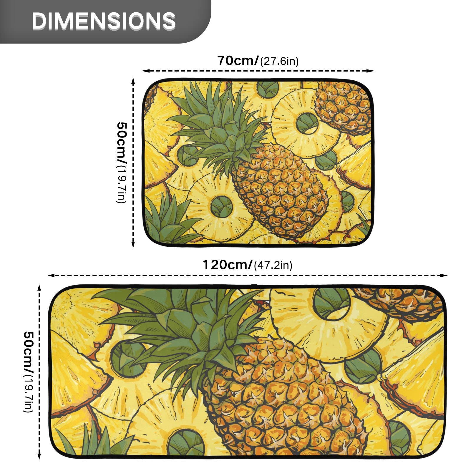 BOENLE Kitchen Rugs and Mats Non Skid Washable Kitchen Rug Set 2 Piece Tropical Pineapple Exotic Fruits Carpet Ergonomic Comfort Standing Mat for Kitchen,Bathroom, Laundry