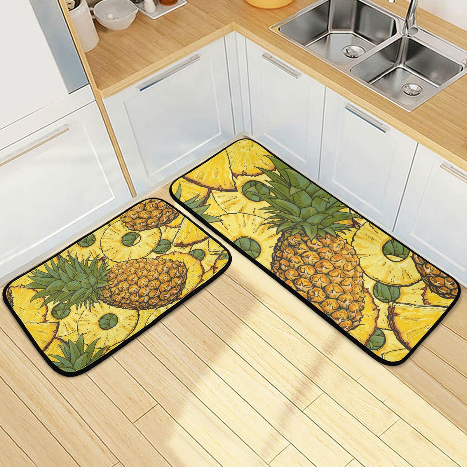 BOENLE Kitchen Rugs and Mats Non Skid Washable Kitchen Rug Set 2 Piece Tropical Pineapple Exotic Fruits Carpet Ergonomic Comfort Standing Mat for Kitchen,Bathroom, Laundry