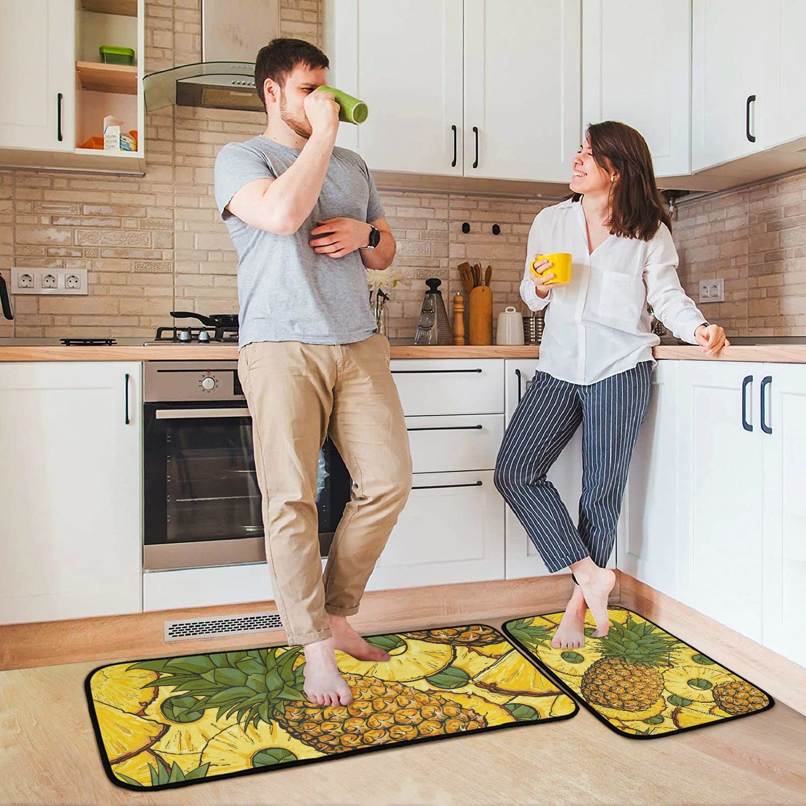 BOENLE Kitchen Rugs and Mats Non Skid Washable Kitchen Rug Set 2 Piece Tropical Pineapple Exotic Fruits Carpet Ergonomic Comfort Standing Mat for Kitchen,Bathroom, Laundry