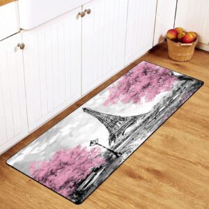 tsytma oil painting paris eiffel tower kitchen rug non-slip decor absorbent white and pink modern art kitchen floor mat bathroom rug waterproof runner rug 39"x20"