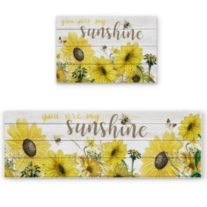 diomecl sunflower 2 piece kitchen rugs anti fatigue mat set non slip cushioned standing kitchen runner mats 15.7x23.6inch+15.7x47.2inch, fresh sunflowers bees on wooden board