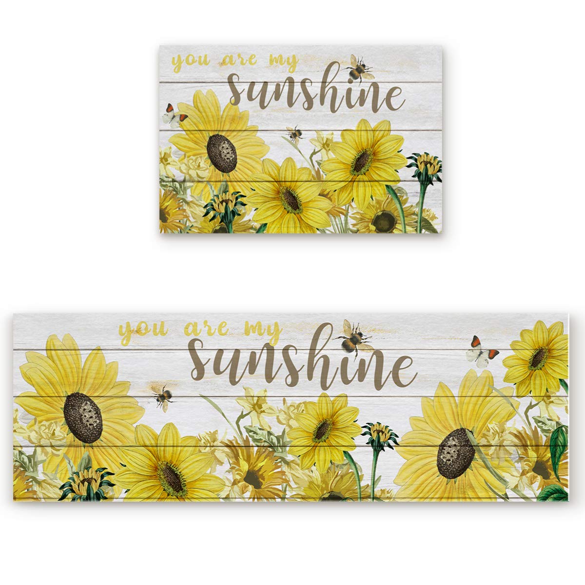 DIOMECL Sunflower 2 Piece Kitchen Rugs Anti Fatigue Mat Set Non Slip Cushioned Standing Kitchen Runner Mats 15.7x23.6inch+15.7x47.2inch, Fresh Sunflowers Bees on Wooden Board