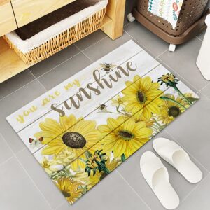 DIOMECL Sunflower 2 Piece Kitchen Rugs Anti Fatigue Mat Set Non Slip Cushioned Standing Kitchen Runner Mats 15.7x23.6inch+15.7x47.2inch, Fresh Sunflowers Bees on Wooden Board