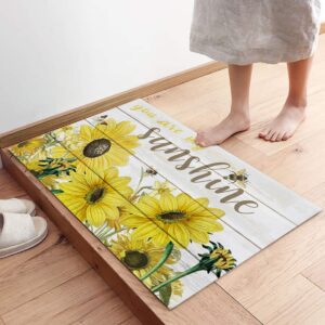 DIOMECL Sunflower 2 Piece Kitchen Rugs Anti Fatigue Mat Set Non Slip Cushioned Standing Kitchen Runner Mats 15.7x23.6inch+15.7x47.2inch, Fresh Sunflowers Bees on Wooden Board